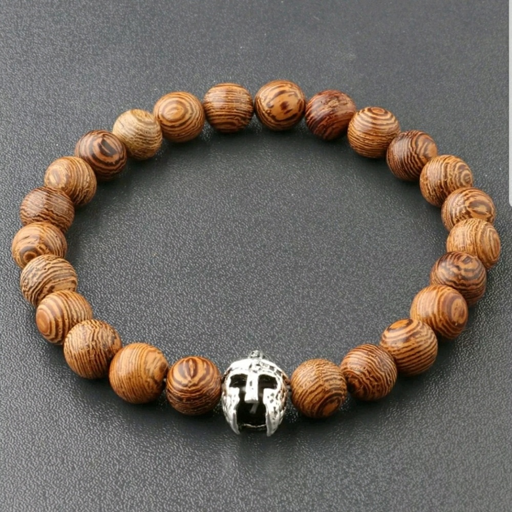 WOODEN BEADED BRACELET SPARTAN HELMET CHARM